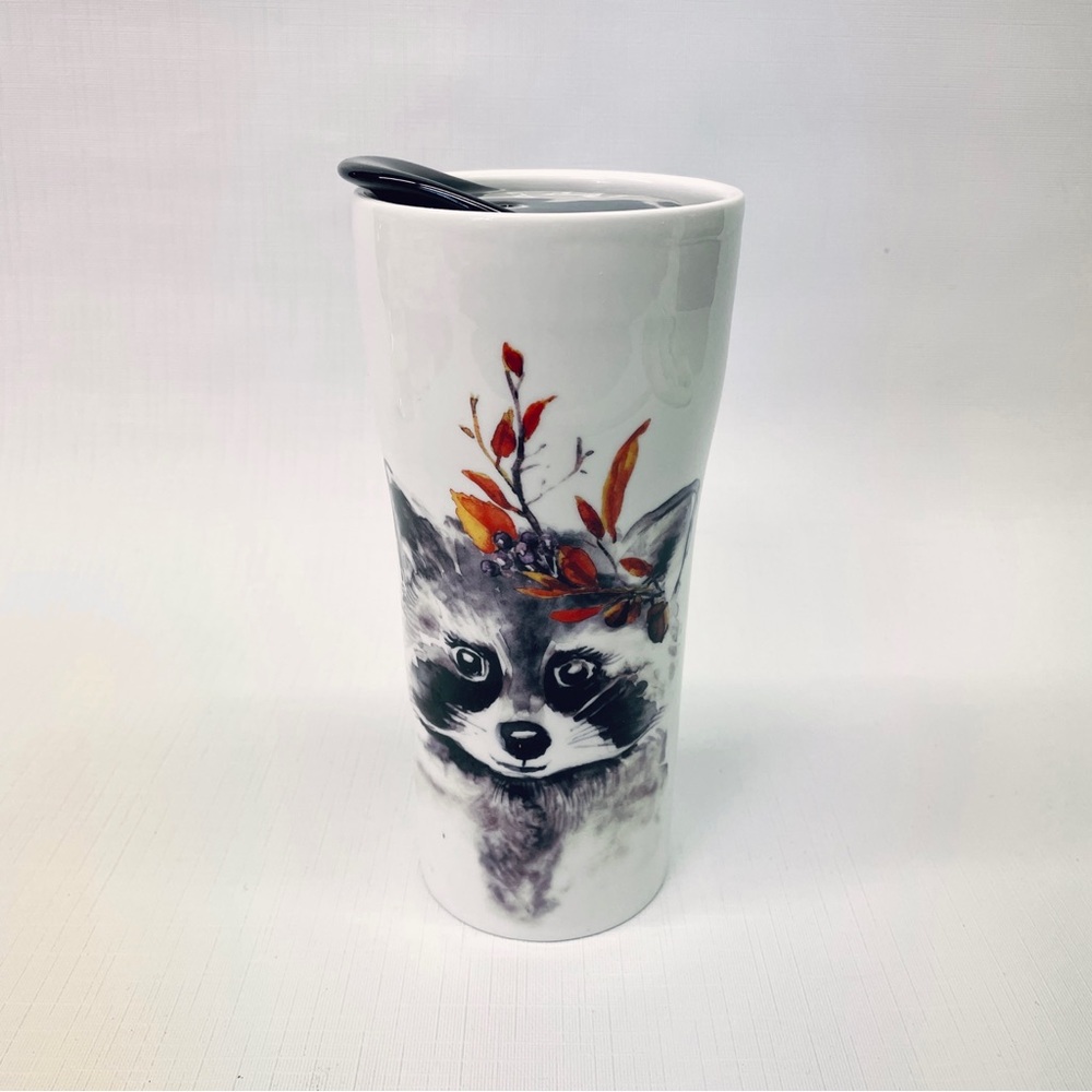 CIROA Raccoon Fine Porcelain Double Wall Travel Mug Black Silicone Lid